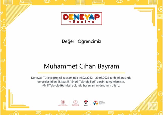 Deneyap Turkiye Energy Technologies Module Completion Certificate