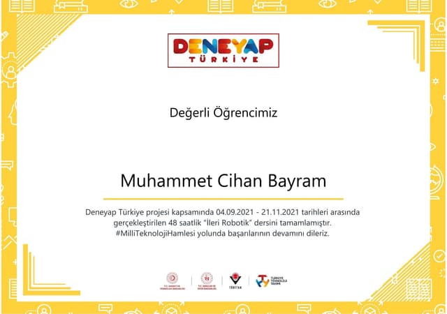 Deneyap Turkiye Advanced Robotics ModuleCompletion Certificate