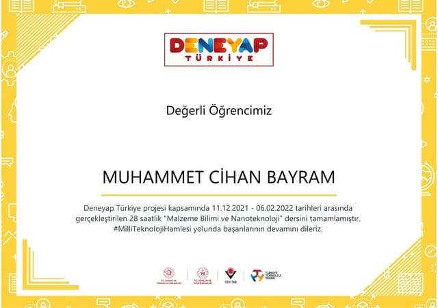 Deneyap Turkiye Nanotechnology and Materials Science Module Completion Certificate