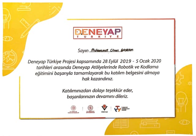 Deneyap Turkiye Robotics and Coding Module Completion Certificate