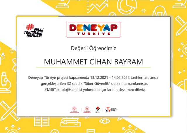 Deneyap Turkiye Cyber ​​Security Module Completion Certificate