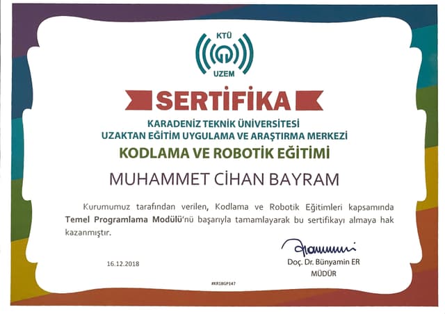 Karadeniz Technical University Distance Education Application and Research Center Basic Programming Module Certificate