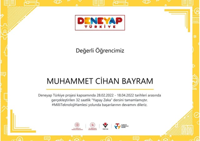 Deneyap Turkiye Artificial intelligence(AI) Module Completion Certificate