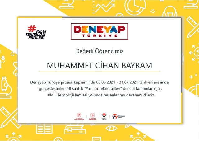 Deneyap Turkiye Software Technologies Module Completion Certificate